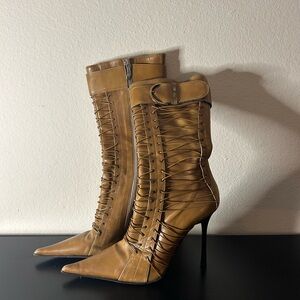 Tan Gianmarco Lorenzi Lace-Up Stiletto Boots